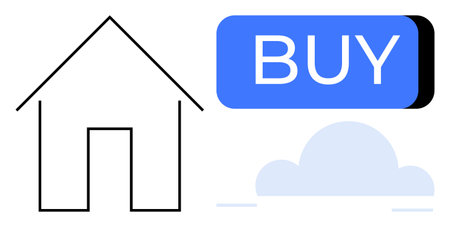 House outline beside a large blue Buy button with a minimal cloud graphic below. Ideal for e-commerce, real estate, online shopping, home purchases, digital marketing, call-to-action designsのイラスト素材
