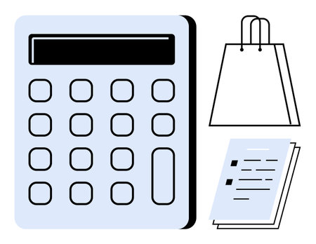 Calculator, shopping bag, and two stacked documents. Ideal for budgeting, shopping, accounting, financial planning, expense tracking business management and office supplies. Line metaphorのイラスト素材