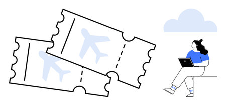 Woman with laptop booking flight tickets. Ideal for travel planning, online booking, travel apps, vacation planning, digital services, customer experience, convenience. Line metaphorのイラスト素材