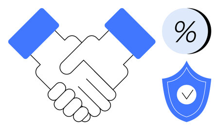 Business handshake representing partnership and agreement with percentage sign and shield with checkmark for security. Ideal for business deals, finance, trust, collaboration, protection, agreementのイラスト素材