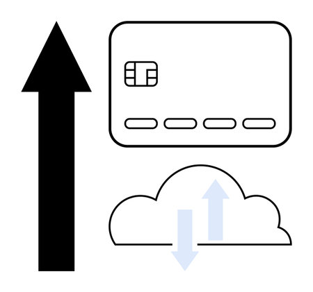 Black upward arrow, credit card chip and numbers, cloud with blue data transfer arrows. Ideal for fintech, digital payments, data storage, online transaction security, cloud computing, financialのイラスト素材