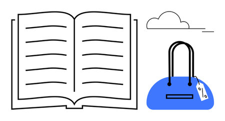 Open book with lines on pages, a blue handbag with a tag, and a cloud in the background. Ideal for education, travel, learning, knowledge, inspiration creativity and storytelling themes. Lineのイラスト素材