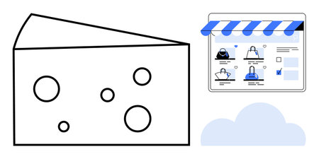 Cheese slice with holes adjacent to a digital store interface showing products under a blue awning. Ideal for online shopping, retail, e-commerce, food industry, marketing, web design, digitalのイラスト素材