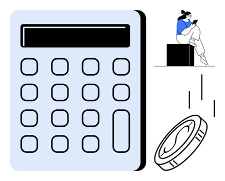 Woman seated with tablet, large calculator, and coin drops. Ideal for finance management, digital tools, productivity, accounting, budgeting technology and education. Calculation metaphorのイラスト素材