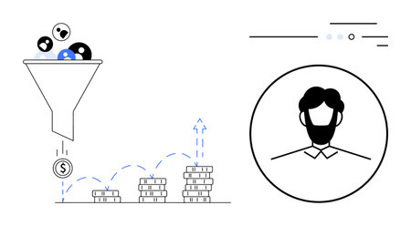 Sales funnel filtering customer leads, financial graph showing profit growth with stacking coins, and businessman portrait. Ideal for business strategy, marketing, financial services, salesのイラスト素材