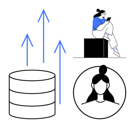 Arrows rising from a database icon, profile of a woman, and a woman using a tablet. Ideal for tech,...