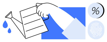 Hand pours water onto document, with water drops. Percentage and fingerprint icons nearby. Ideal for growth, nurturing, data analysis, security, statistics, business, financial themes. Line metaphorのイラスト素材