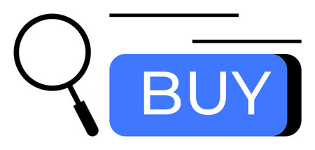 Magnifying glass beside a blue buy button. Ideal for e-commerce, online shopping, search optimization, purchase behavior, digital marketing, user interface design, and web navigation. Line metaphorのイラスト素材