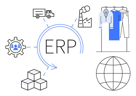 ERP system elements connecting gear, delivery truck, factory, shirts, globe, and boxes. Ideal for business process, supply chain logistics inventory manufacturing software global trade. Lineのイラスト素材