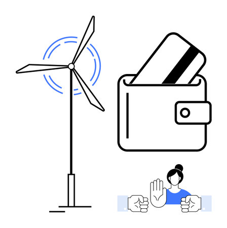 Wind turbine symbolizes sustainable energy, wallet with card highlights financial management, and person with hand gestures represents social communication. Ideal for sustainability, financeのイラスト素材