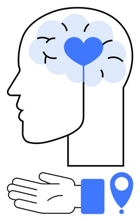 Head with brain and heart, extended hand, location marker. Ideal for mental health, emotional support, mindfulness, compassion, psychological care wellness human connection. Line metaphorのイラスト素材