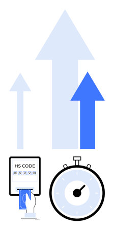 Arrows symbolizing growth a stopwatch, and a hand entering a code on a device emphasize progress, speed, and data input. Ideal for business, productivity, technology, efficiency, time managementのイラスト素材