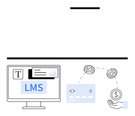 Computer displaying LMS content, a credit card, coins, and a hand illustrating financial transaction. Ideal for education, e-learning, finance, business, technology online payments economic themesのイラスト素材