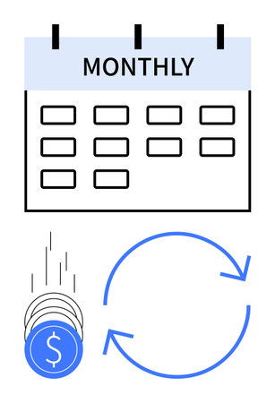 Monthly calendar showing date slots, falling coins, and arrows forming a circle representing ongoing payments. Ideal for finance management, budgeting, subscription services, regular paymentsのイラスト素材