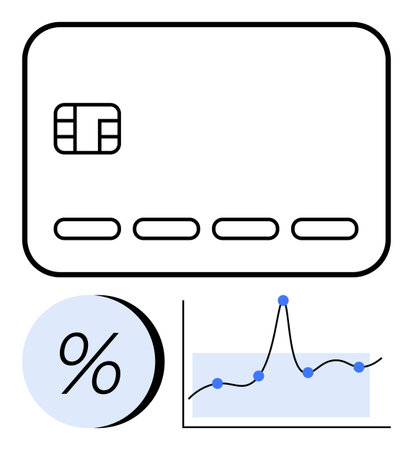 Credit card with EMV chip percentage symbol and line graph. Ideal for finance, banking, budgeting, investment, savings, interest rates, economic growth. Line metaphorのイラスト素材