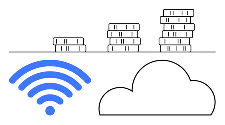 Stacked storage drives increasing in height, blue wireless signal, and cloud outline. Ideal for technology, data management, cloud computing, internet connectivity, digital marketing, businessのイラスト素材