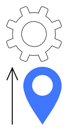 Gear icon above blue location pin with upward arrow representing growth, development, and direction. Ideal for navigation, travel, technical progress, business success, startups, project managementのイラスト素材