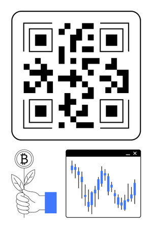 QR code above Bitcoin plant held by hand and increasing financial chart on white background. Ideal for cryptocurrency, finance, investment, blockchain, technology, digital economy, marketing. Lineのイラスト素材