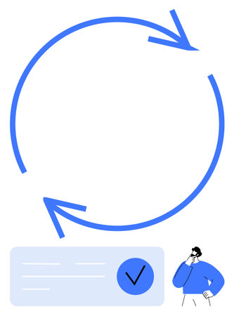 Circular arrows representing a cycle, a person pondering, blue checkbox with a tick. Ideal for business processes, workflow, decision-making, project management, productivity, planning, strategyのイラスト素材