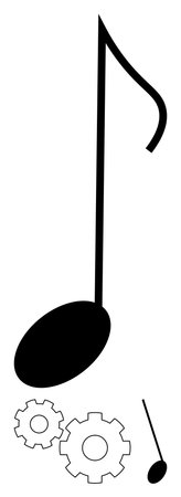 Giant music note merging with two gears and tiny note creates idea of functional creativity and innovation. Ideal for music industry, creativity, collaboration, productivity, inventions, engineeringのイラスト素材