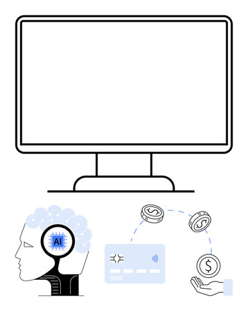 Computer screen, human brain with AI chip, credit card, and hand with money coins. Ideal for finance, AI, technology, innovation digital payments machine learning and fintech. Line metaphorのイラスト素材