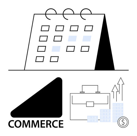 Monthly calendar with highlighted dates, briefcase, growing chart, and commerce symbol. Ideal for business planning, scheduling, financial growth, marketing, commerce corporate strategy economicのイラスト素材