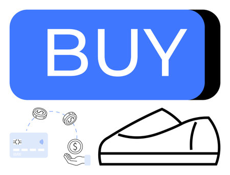 Large BUY button, credit card with hand holding cash, and outline of a shoe. Ideal for e-commerce, retail, sales, shopping carts, online transactions marketing digital payments. Line metaphorのイラスト素材