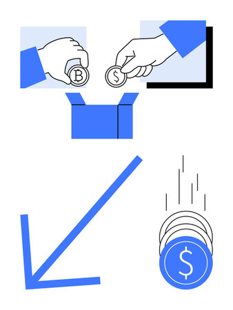 Coins marked with dollar and bitcoin signs being dropped into a box with a downward blue arrow and falling coins. Ideal for finance, investment, savings, currency exchanges, cryptocurrency, economyのイラスト素材