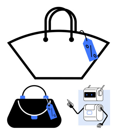 Large and small handbags with blue tags, accompanied by a friendly robotic figure. Ideal for fashion, shopping, technology, innovation, retail, modern lifestyle, robotics. Line metaphorのイラスト素材