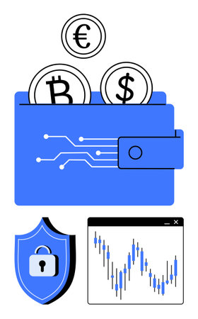Digital wallet with cryptocurrency coins Bitcoin, Euro, Dollar, shield with lock, and stock chart. Ideal for digital finance, cryptocurrency, security, investing blockchain technology fintech dataのイラスト素材