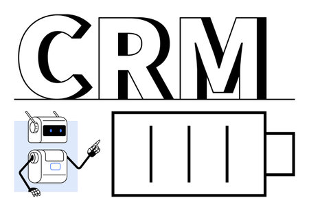 CRM, a friendly AI robot pointing, and a battery charging symbol. Ideal for technology, customer relationship management, automation, efficiency, artificial intelligence, business tools, and energyのイラスト素材