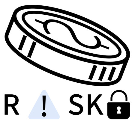 Coin with dollar sign, exclamation mark inside a triangle, and lock illustrating financial risk. Ideal for finance, security, investment, banking, cybersecurity awareness education. Line metaphorのイラスト素材