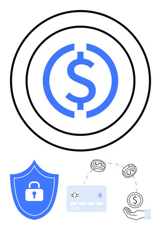 Dollar symbol within concentric circles, secure transaction elements including shield with lock, credit card, and hand holding money. Ideal for finance, digital currency, internet security, onlineのイラスト素材