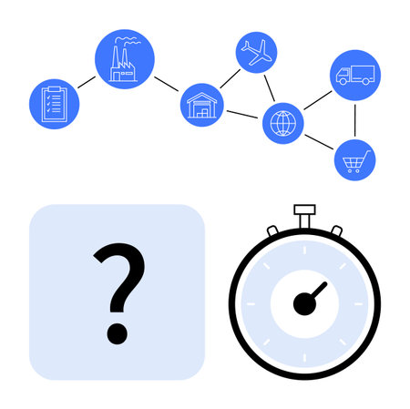 Supply chain flowchart with icons for manufacturing warehouse, airplanes, trucks, globe, shopping cart, clipboard. Stopwatch signifies time efficiency. Ideal for logistics, supply chainのイラスト素材