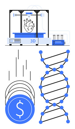 3D printer creating a heart, DNA double helix structure, falling coins representing financial...