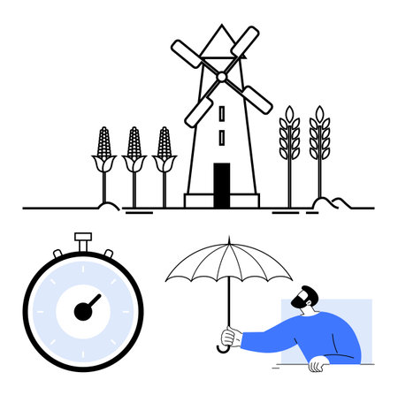 Windmill with corn timer and man holding umbrella. Ideal for agriculture, time management, protection, weather, farming, rural life, environmental themes. Line metaphorのイラスト素材