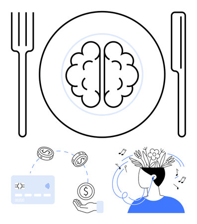 Brain on dinner plate with fork and knife, coin transaction, person wearing headphones with music notes and flowers. Ideal for mental health, finances, mindfulness, creativity, nutrition, cognitiveのイラスト素材