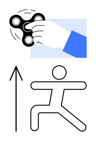 Hand spinning fidget spinner above geometric figure in a workout pose with upward arrow. Ideal for stress relief, mental focus, exercise routines, physical health, productivity, motivationのイラスト素材