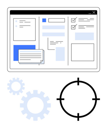 Digital dashboard with task cards, checkboxes, and text fields. Includes gear icons and a target cursor. Ideal for productivity apps, project management, tech interfaces, settings, task tracking UXのイラスト素材