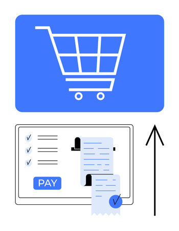 Shopping cart icon above a payment confirmation screen displaying a receipt and Pay button. Ideal for e-commerce, online shopping, checkout process, digital transactions, payment gateways, customerのイラスト素材