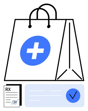 Medical shopping bag with healthcare cross symbol, prescription form, and checkmark. Ideal for e-commerce, telehealth, online pharmacies, medication delivery, health services, digital prescriptionsのイラスト素材