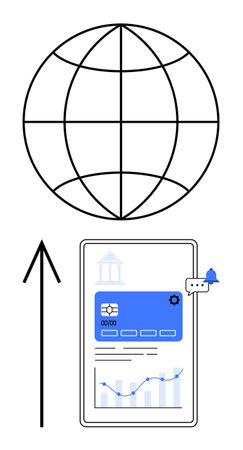 Globe above a digital banking interface with an upward arrow. Ideal for finance, technology, globalization, growth, online services, digital security, data analysis. Line metaphorのイラスト素材