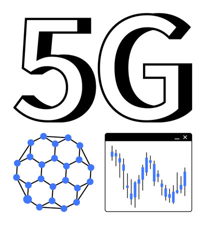 Large 5G text accompanied by a blue molecular structure and a financial chart with stock market...