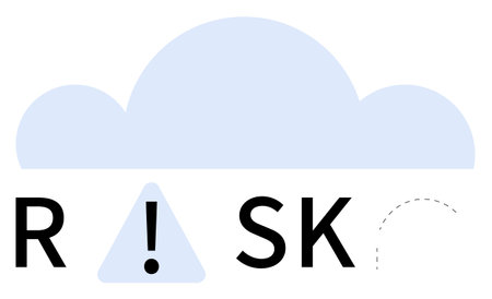 Cloud with word RISK where the I is replaced by an exclamation mark in a triangle. Ideal for business, IT security, data protection, decision making, safety protocols, risk assessment. Line metaphorのイラスト素材