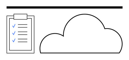 Cloud with a checklist containing blue checkmarks and a horizontal progress line above. Ideal for data management, cloud services, productivity, task tracking, digital storage, organizationのイラスト素材