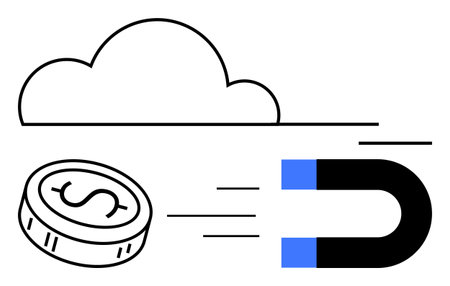 Magnet attracting dollar coin beneath cloud outline. Ideal for finance, cloud computing, marketing, business strategy, technology, data retention themes. Line metaphorのイラスト素材