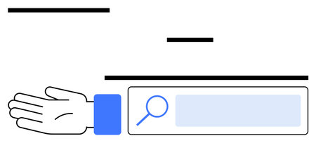 Hand reaching out toward magnifying glass in search box. Horizontal lines above represent search results. Ideal for topics thumbs up assistance, search engine, web exploration, support, inquiryのイラスト素材