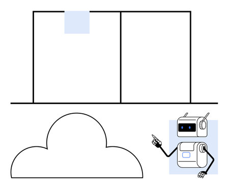 Cloud two-pane interface robot with outstretched arm and pointing hand antenna, and screen. Ideal for technology, cloud services, automation, AI, data management, computing, future themes. Lineのイラスト素材