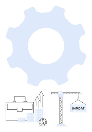 Gear with business briefcase, graph with arrows, crane with import sign symbolize financial growth, strategy, and industry. Ideal for business, industry, finance, strategy investments developmentのイラスト素材