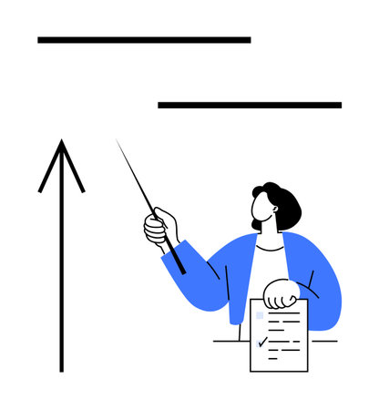 Person in blue jacket holding a clipboard and pointing at a chart with a pointer stick. Ideal for presentations, data analysis, teaching, training, business meetings, planning, strategy sessionsのイラスト素材